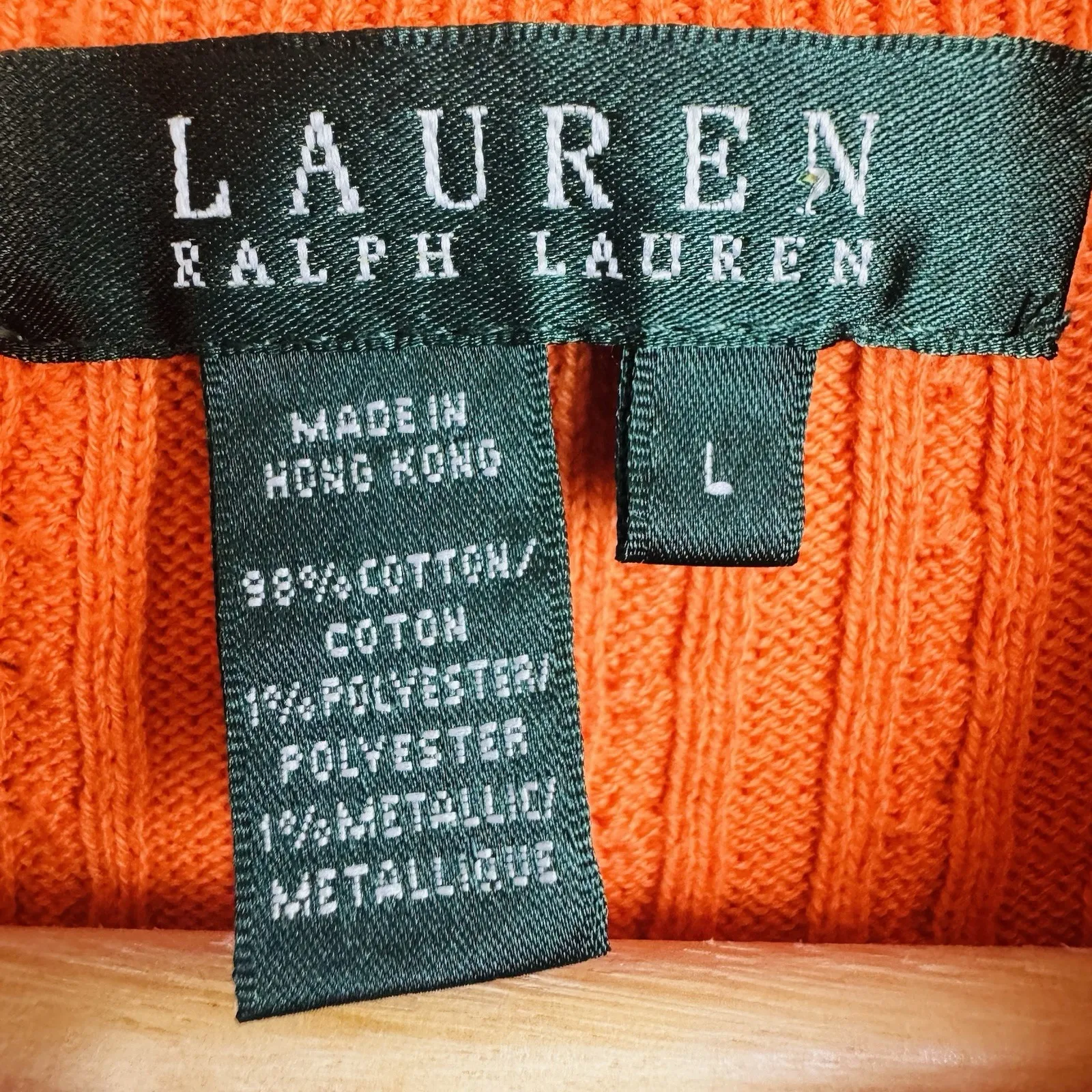 Ralph Lauren Womens Zip Up Cable Knit Cardigan Sweater Sz Lg‎ Orange Gold Accent - Image 10