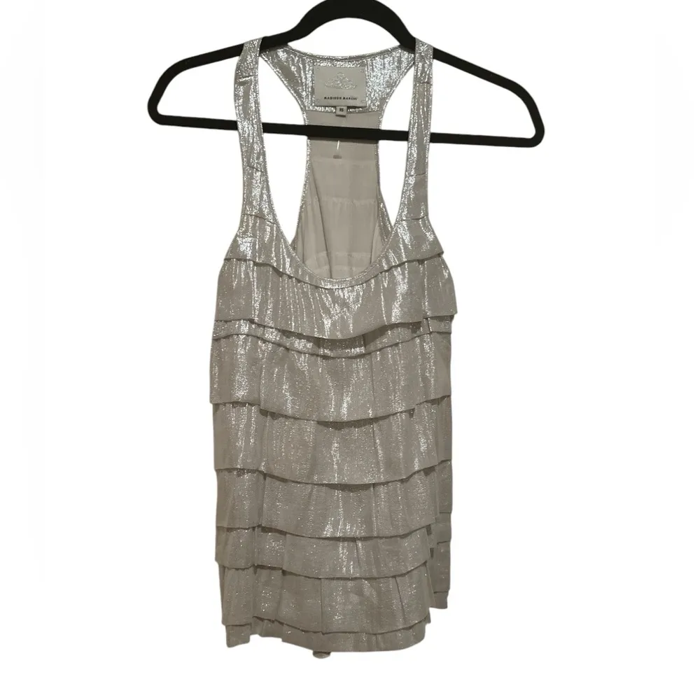 Madison Marcus Silver Metallic Shimmer Silk Tiered Ruffled Racerback Tank Top XS - Image 3
