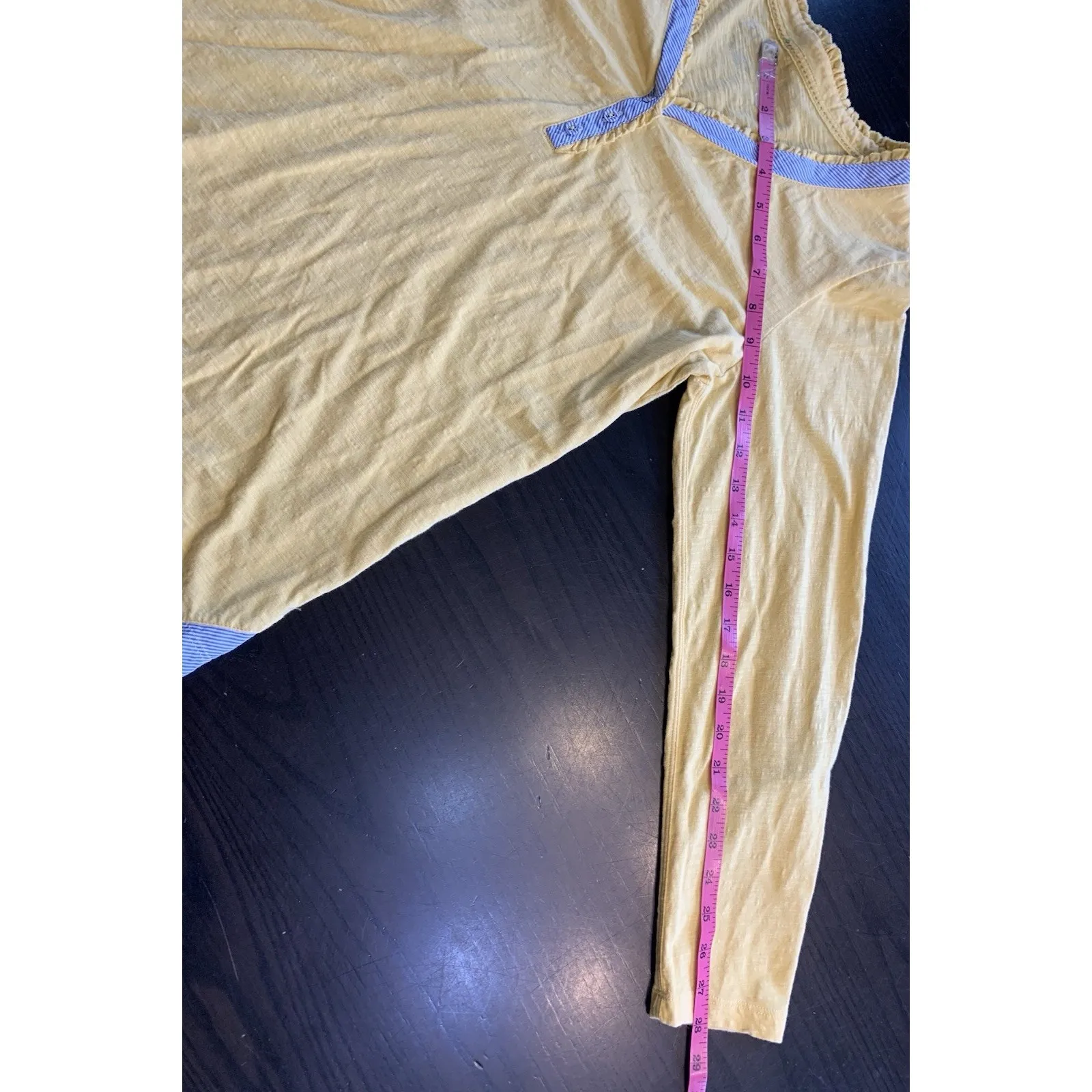 LL Bean Butter Yellow Shirt Womens Top Slub Roll‎ Tab Blue Stripe Trim Preppy Size M - Image 13