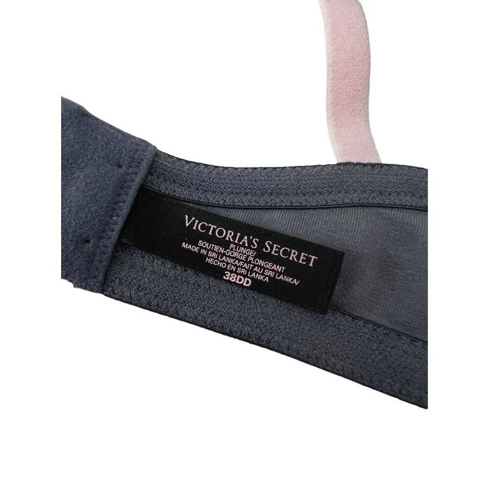 Victoria's Secret Plunge Bra Two Tone Gray Pink Lace Womens Size 38DD - Image 4