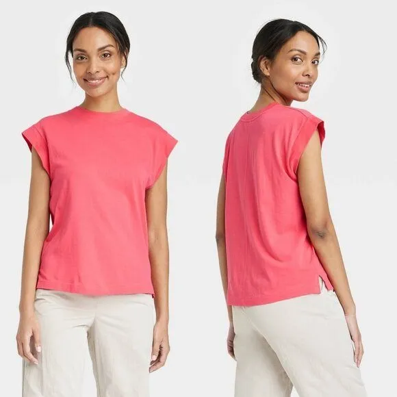 A New Day Womens Short Sleeve Extended Shoulder T-Shirt‎ Muscle Tee Coral Medium - Image 2