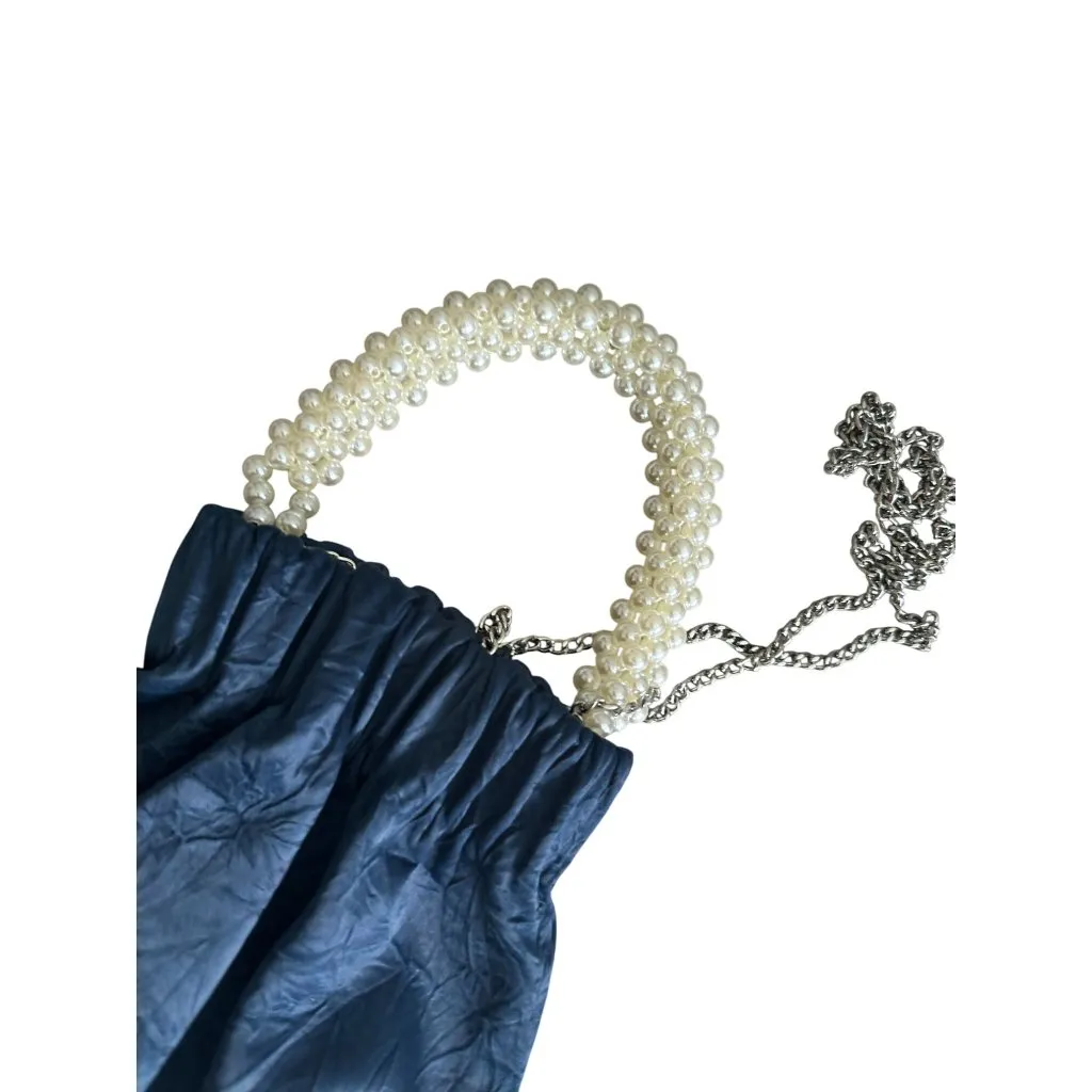 ZARA Pearl Embellished Handle Blue Cocktail Bag with Strap - Image 5