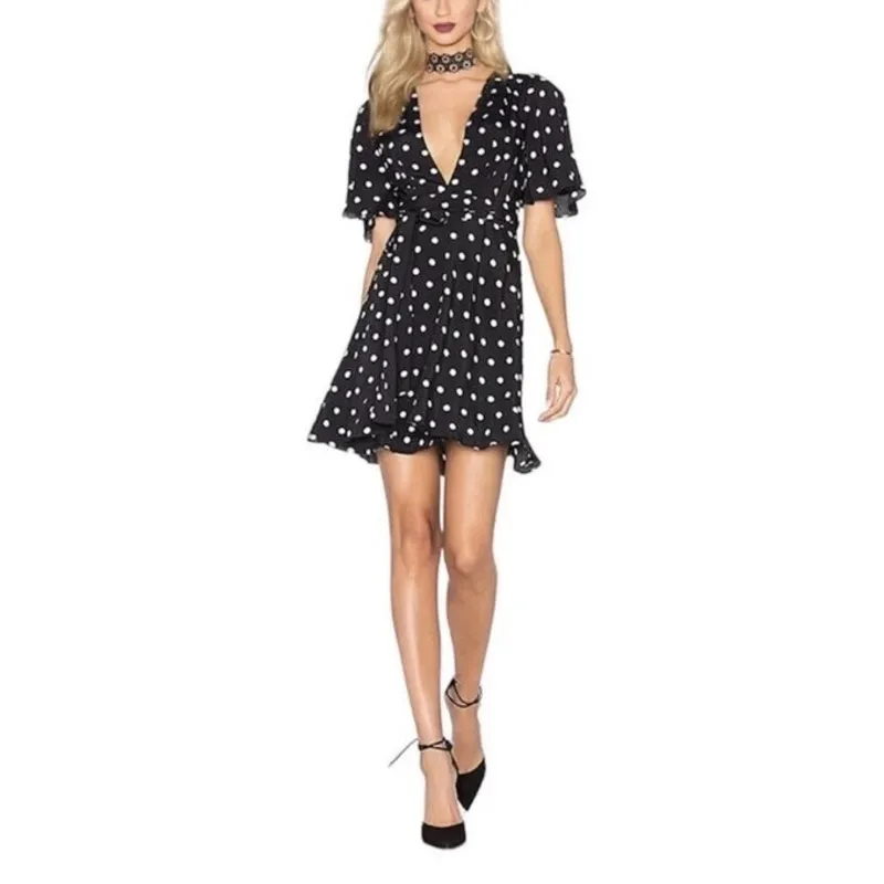 House of Harlow 1960 x Revolve Black Polka Dot Harper Mini Wrap Dress Sz XS - Image 11
