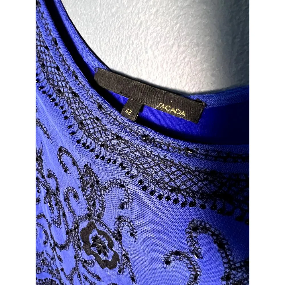 Sacada Blue Black Beaded Short Formal Dress with Sheer Sleeves and Embroidery Size 10 - Image 6