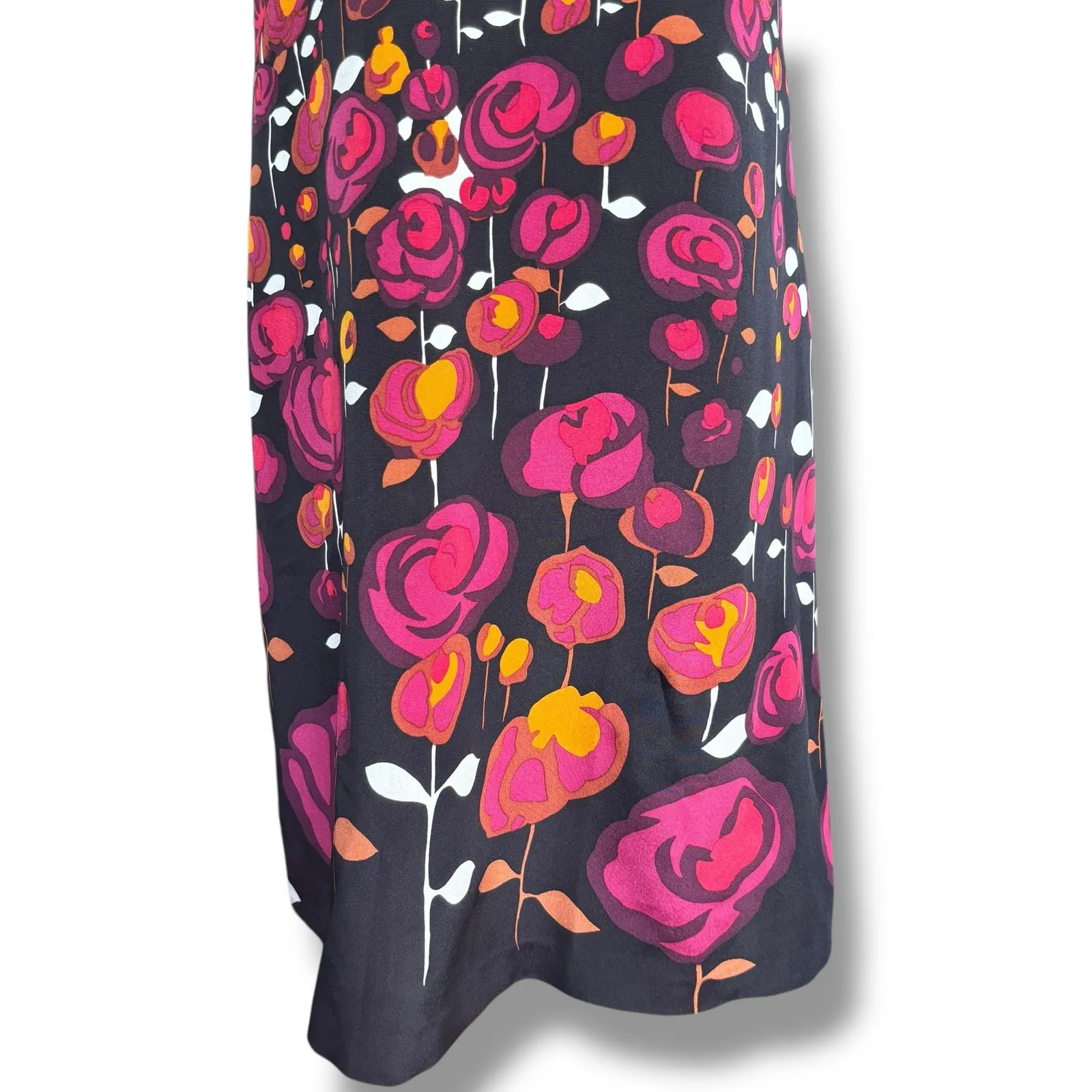 Elie Tahari Silk Floral Roll Neck Sleeveless A-Line Dress Pink Orange Black - Image 3