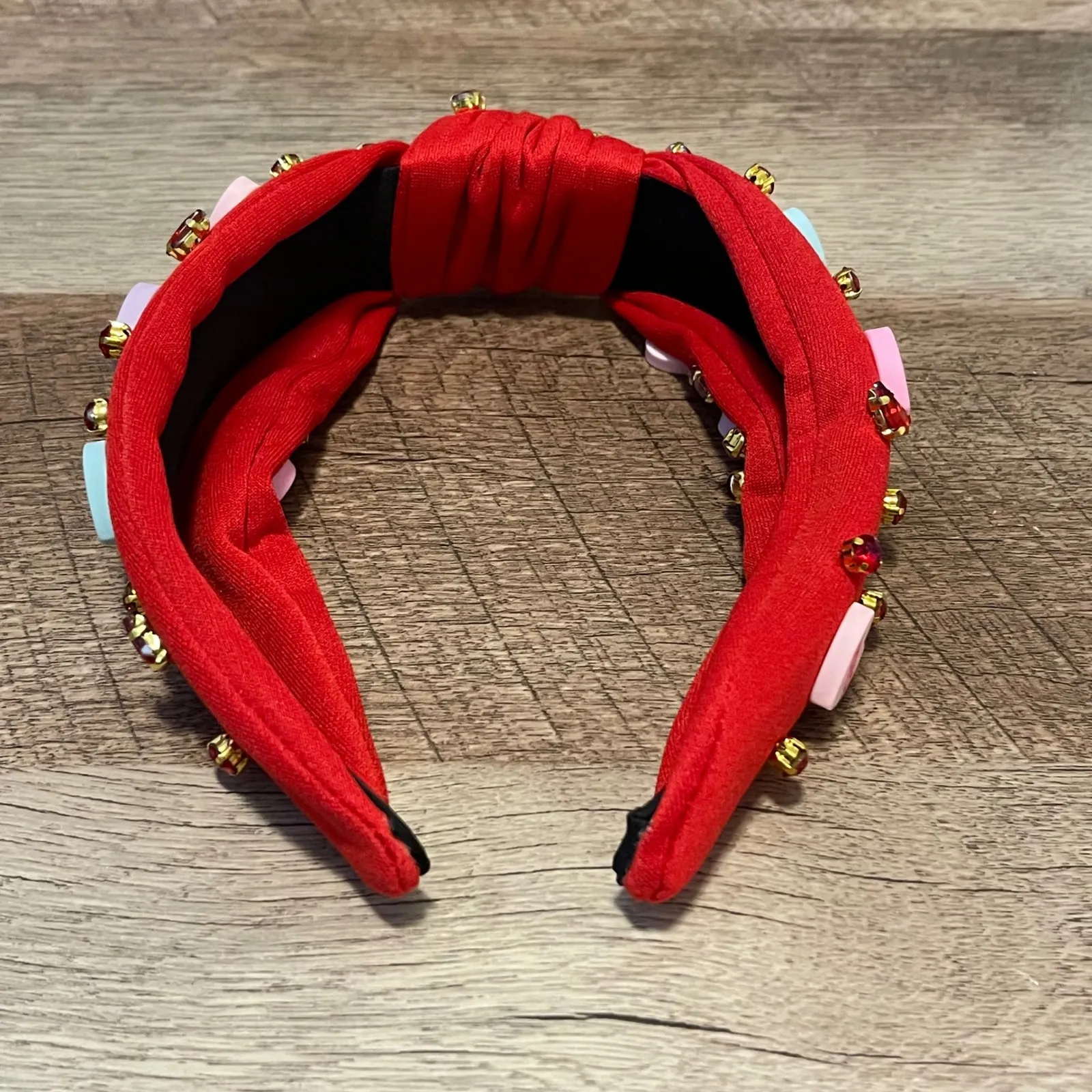 Red Knotted Headband with Conversation Heart Charms and Rhinestones Women Access - Image 3