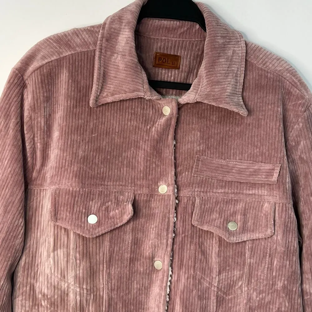 POL Dusty Pink Fleece Lined Rugged Raw Hem Corduroy Jacket Shacket Size M NWOT - Image 3