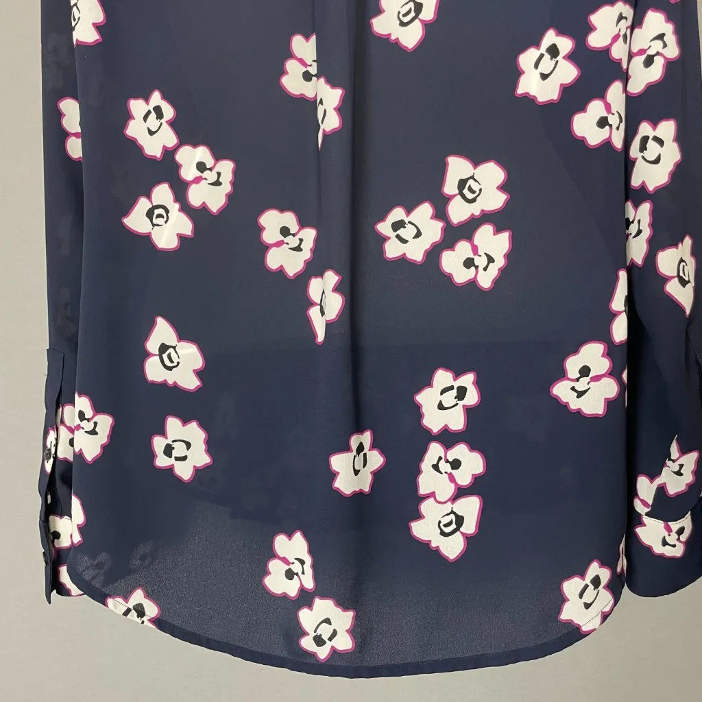 Express Portofino Shirt Blue Floral Polyester V-Neck Long Sleeves Office Small‎ - Image 8