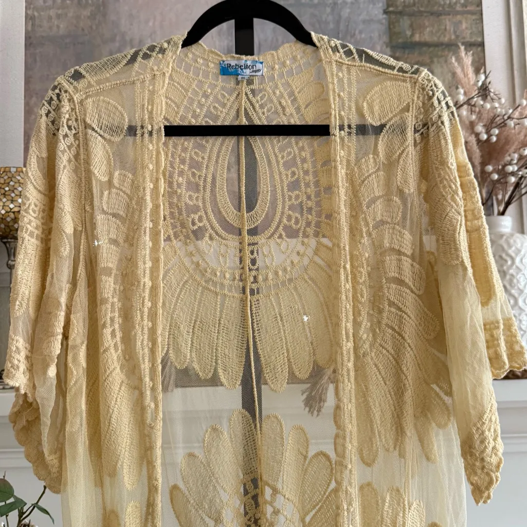 Boho Kimono Festival Duster Sheer Embroidered Lace Cardigan Layering Medium - Image 3