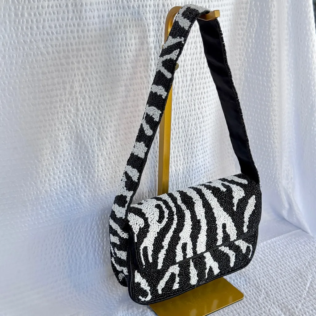 Rachel Zoe Black & White Zebra Beaded Shoulder Bag - Image 3