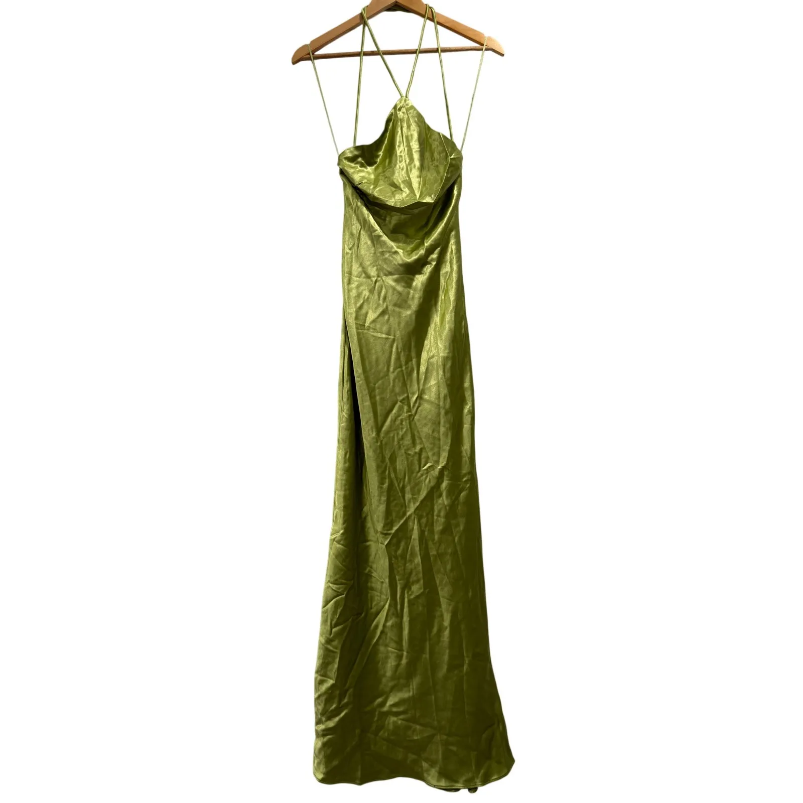 Line & Dot Lima Minimalist Satin Lime Green Elegant Halter Maxi Dress NWT XS - Image 3