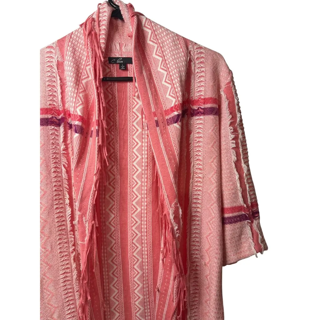 C. Luce Womens Large Pink Aztec Print 3/4 Sleeves Fringe Trim Sweater Cardigan - Image 3