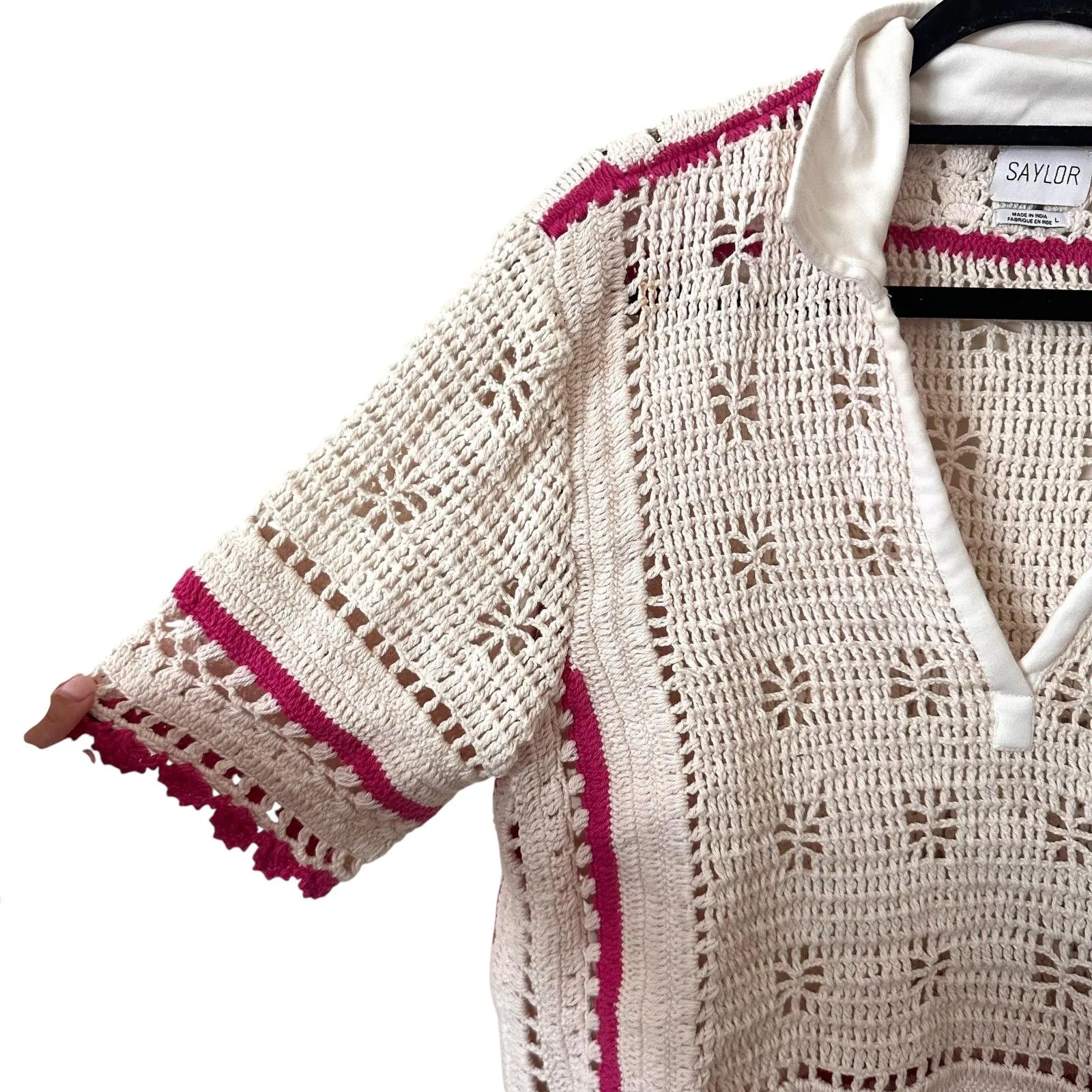 SAYLOR Lucienne Crochet Knit Top White‎ Pink Large - Image 3