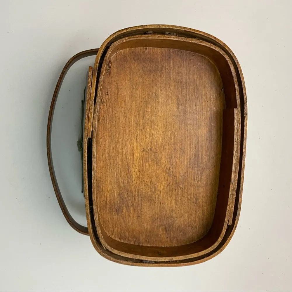 Vintage Basket Purse Molded Floral Velour Wood Lined Picnic Style Green Yellow - Image 11