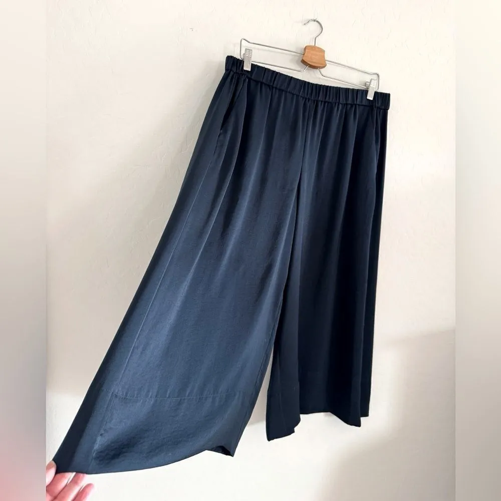 NEW Vince Navy Blue Silk Satin Effect Wide Leg Crop Pants Culottes Size L - Image 7