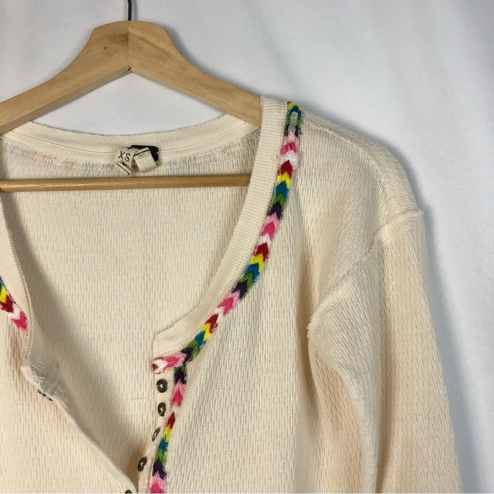 Free People We the Free Ivory White Rainbow Thermal Henley Long Sleeve Tee XS - Image 4