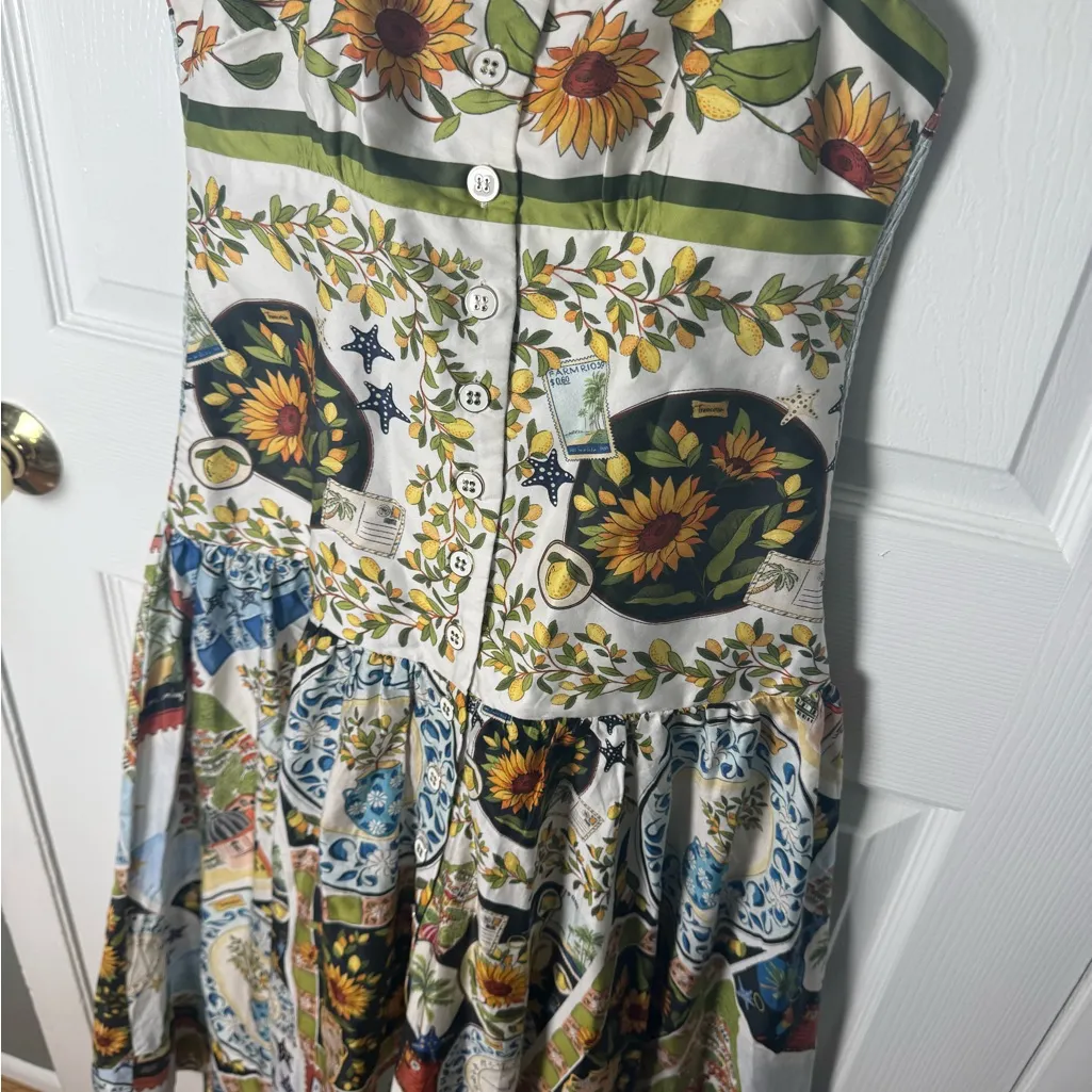 Farm Rio Multicolor Latin Trip Scarves Organic Cotton Midi Dress S - Image 5