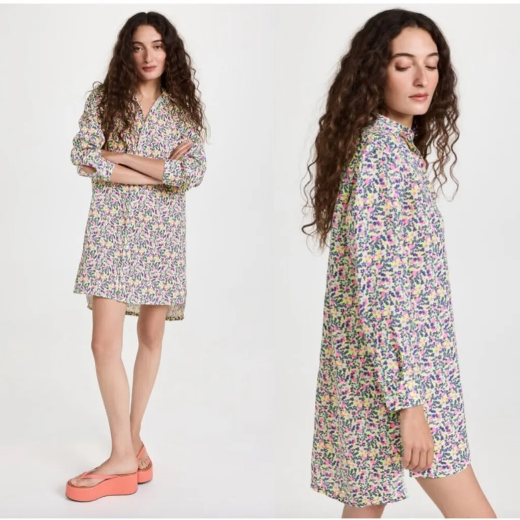 FRANK & EILEEN Sz XS Bright Neon Floral Linen Hunter Step Hem Shirt Dress - Image 3