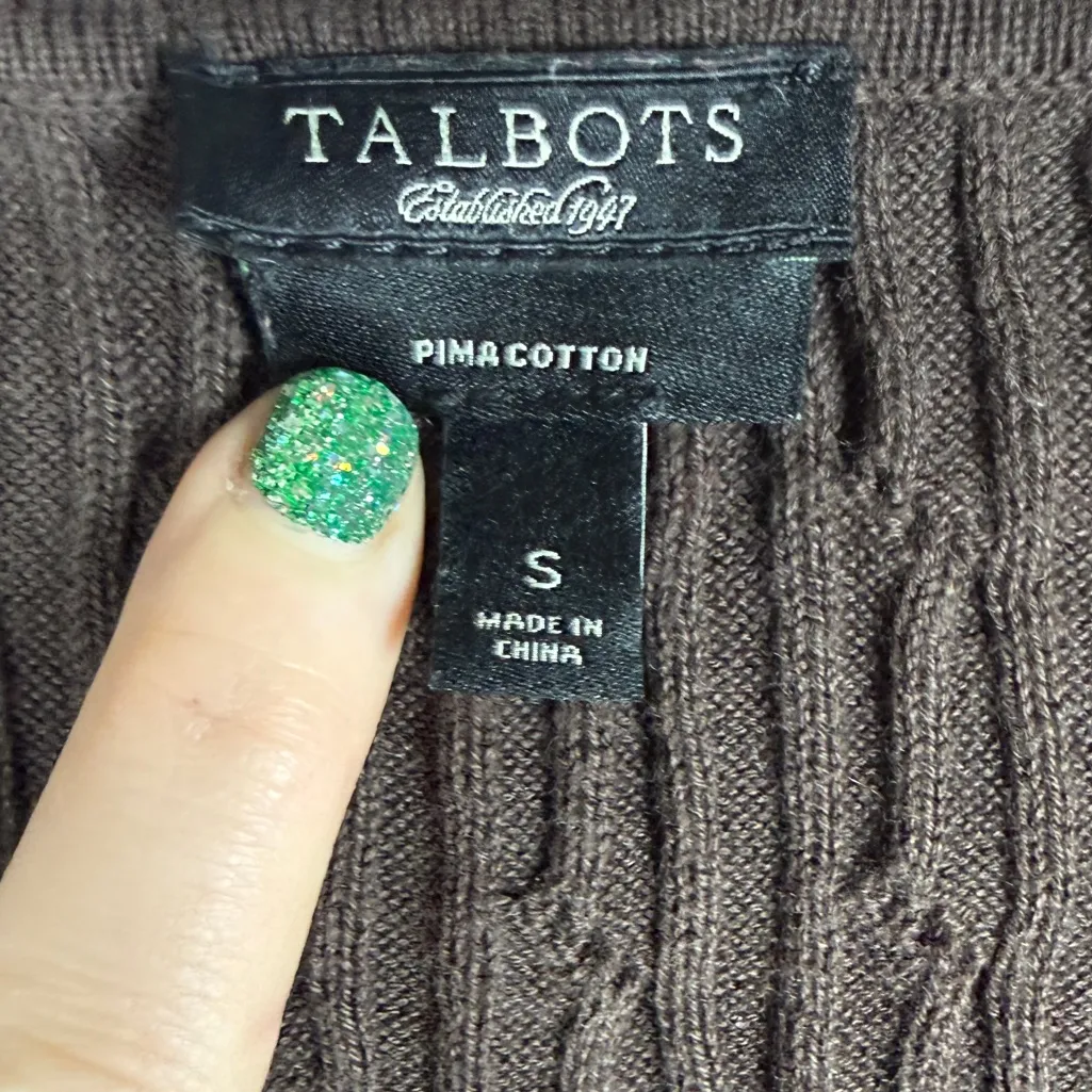 Sweater Y2K Era Brown V-Neck Women’s Cable Knit Fitted 2000s Talbots Pima Cotton - Image 6