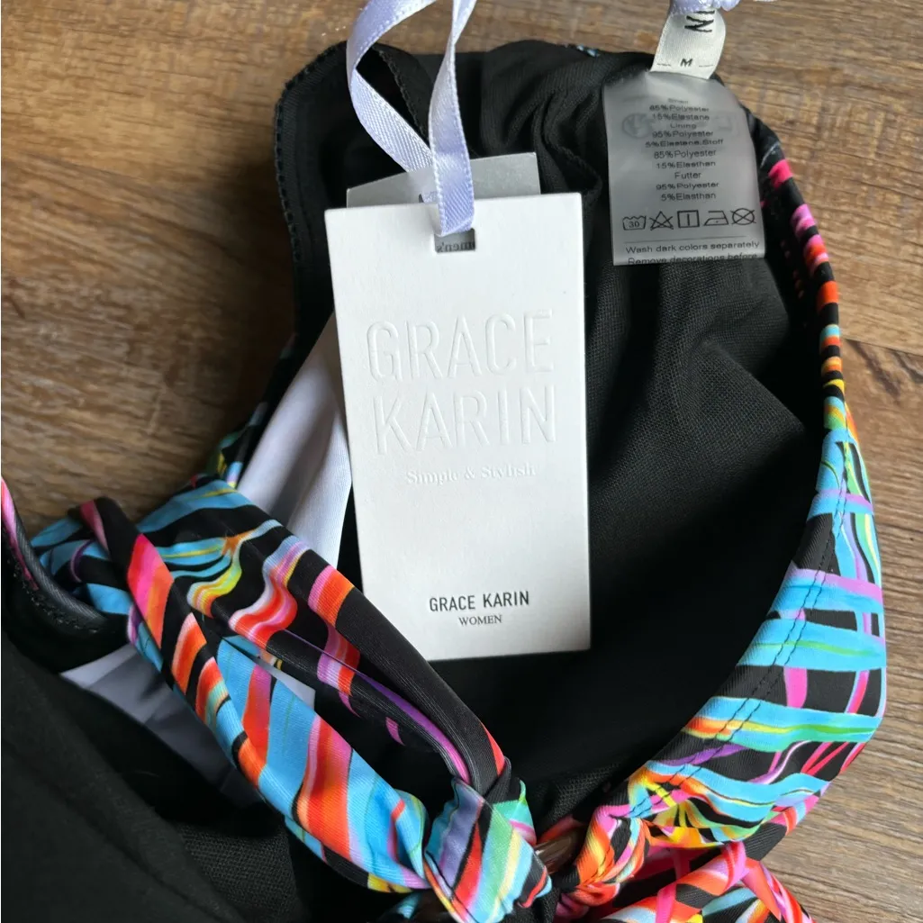 Grace Karin Multiclor Colorful Leaf Print Halter Tie Tankini Size Medium - Image 9