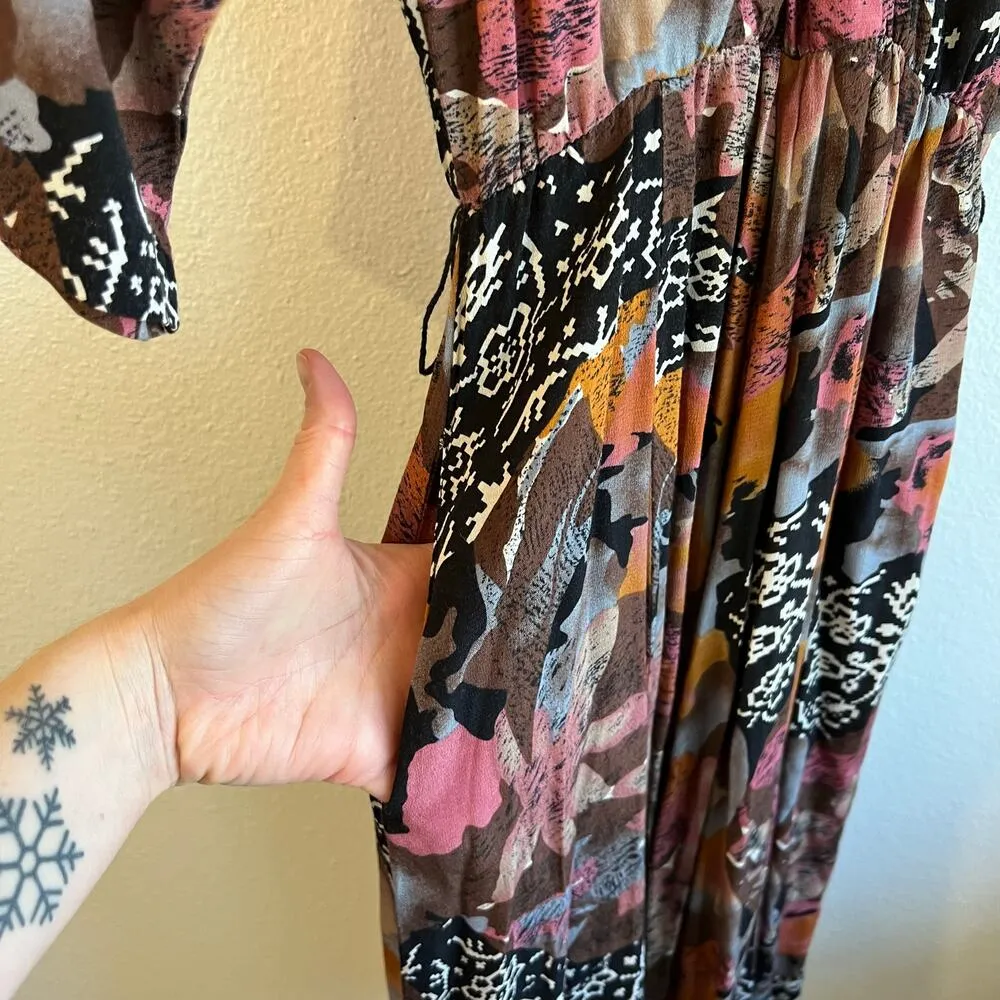 D' Lim Vintage Abstract Pink Floral Long Sleeve Dress with Belt Pockets Size XS - Image 3