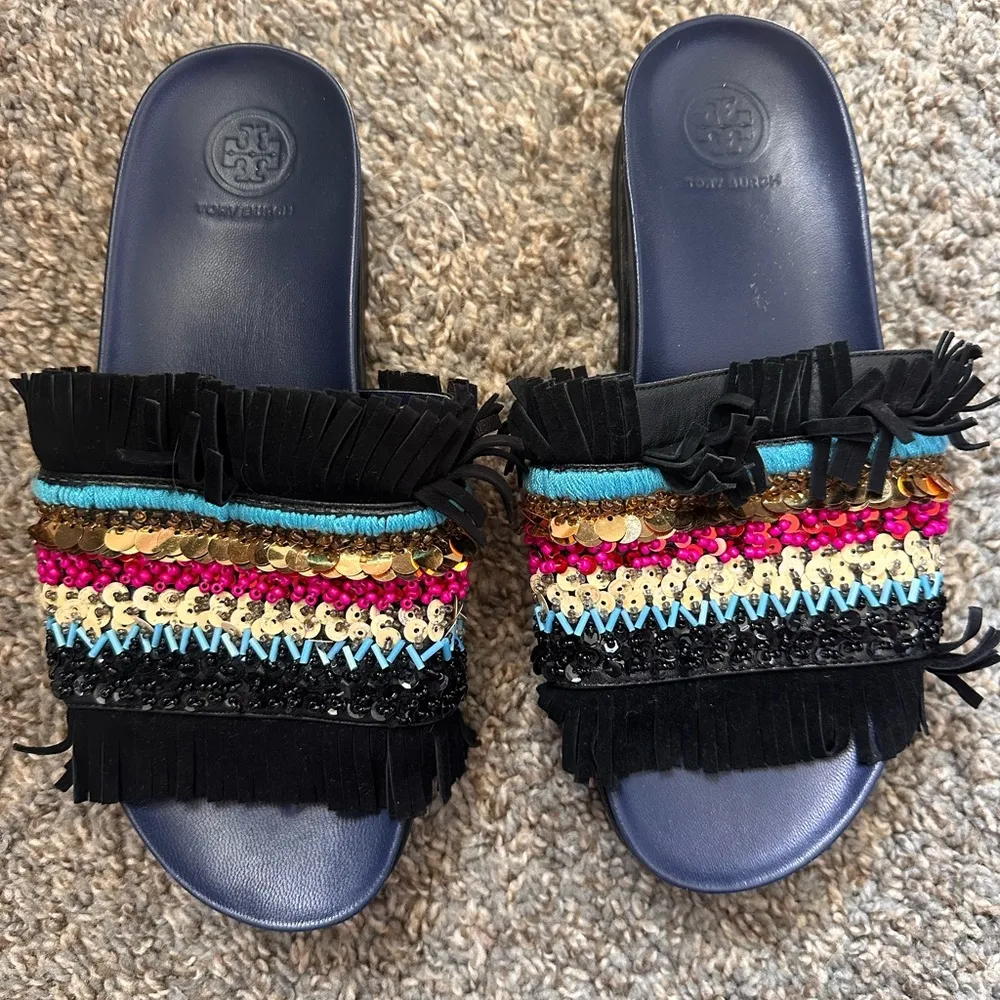 Tory Burch Isle Slide Slipon Sandal Navy Black Sequin Size 7.5 - Image 4