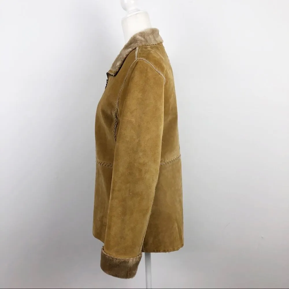 VTG Guess Shearling 100% Leather Patchwork Tan Full zip Jacket Size Small - Image 12