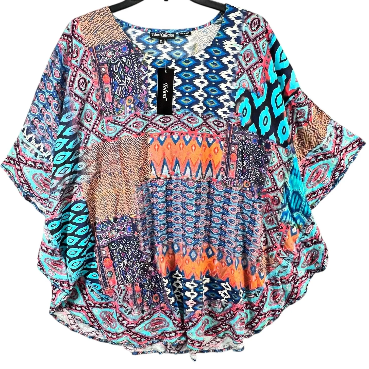 Tolani Caftan Tunic Top Womens XL Blue Ikat Woven Breezy Boho Resort Festival - Image 2
