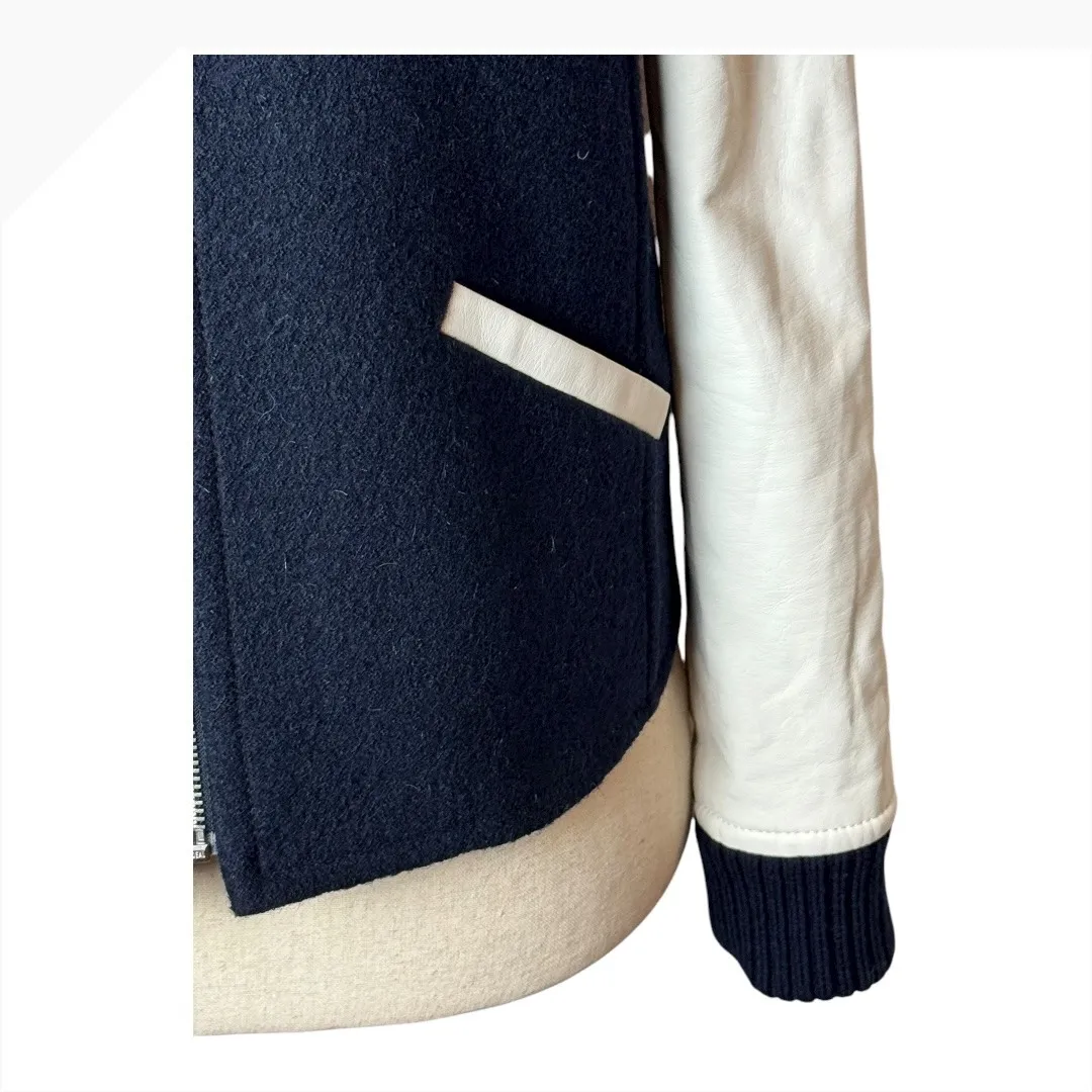 Club Monaco Coat Women XS Navy Wool White Faux Leather Sleeve Varsity‎ Jacket - Image 5