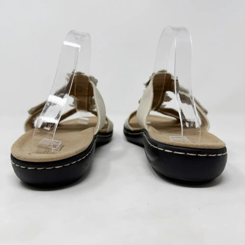 [Clarks] Cream Tan Leather Laurieann Judi Floral Comfort Sandals Hook & Loop 9 - Image 9