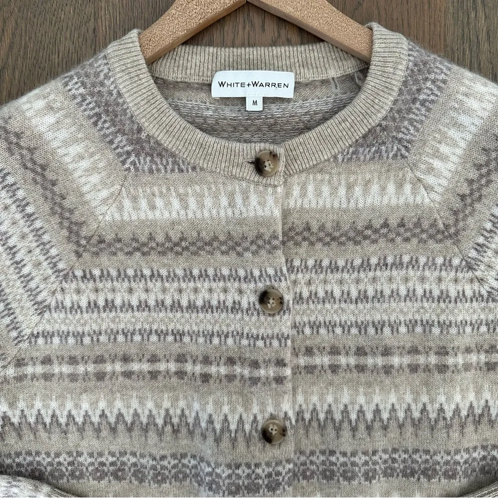 EUC White + Warren Warm Neutral Cashmere Fair Isle Cardigan Sweater Tan Cream M Size M - Image 3