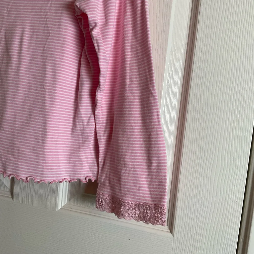 CHAPS SZ XL pink/white Stripe Long Sleeve Shirt W/ Lace Top Blouse - Image 5