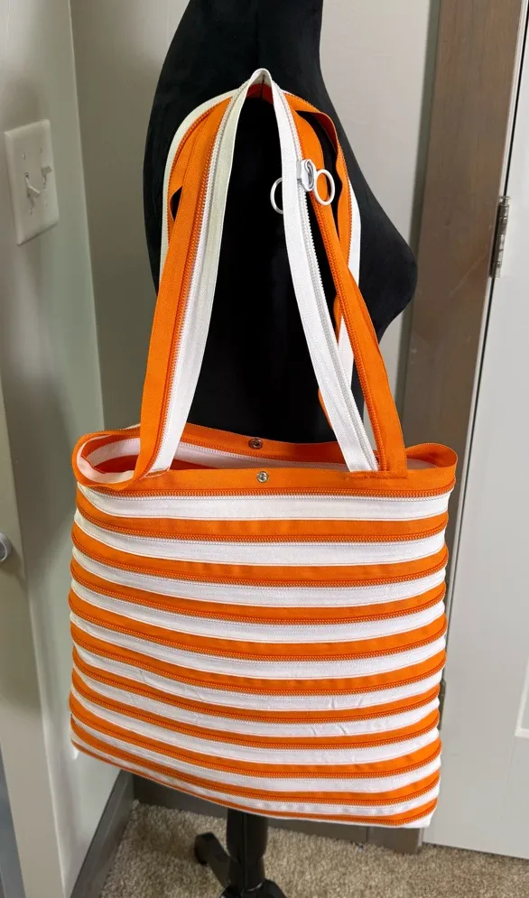 Zipit Zipper White Orange Stripe Tote Bag Shoulder Purse Y2K Unique - Image 1