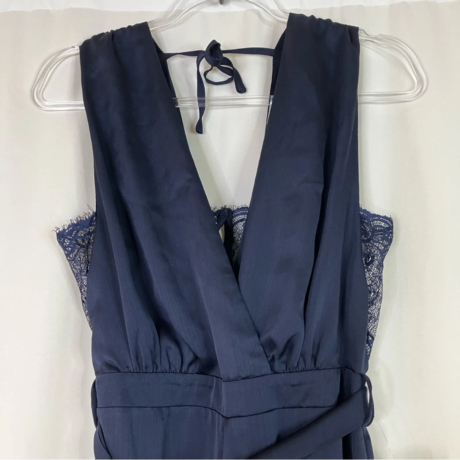 One One Six | Navy Blue Satin Jumpsuit Lace Detail Polyester Women's Small - Image 3