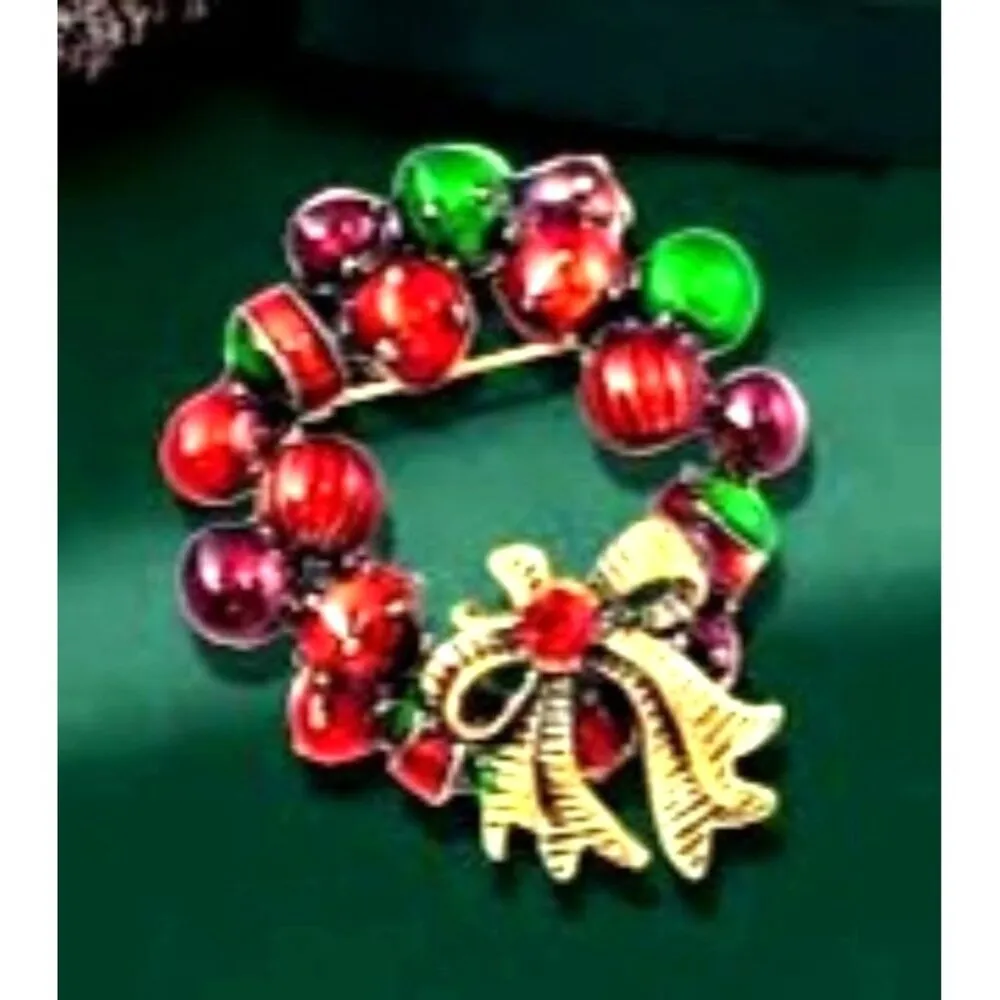 Christmas Wreath Brooch Pin New Ornaments Festive Winter Holiday Jewelry… Red - Image 4