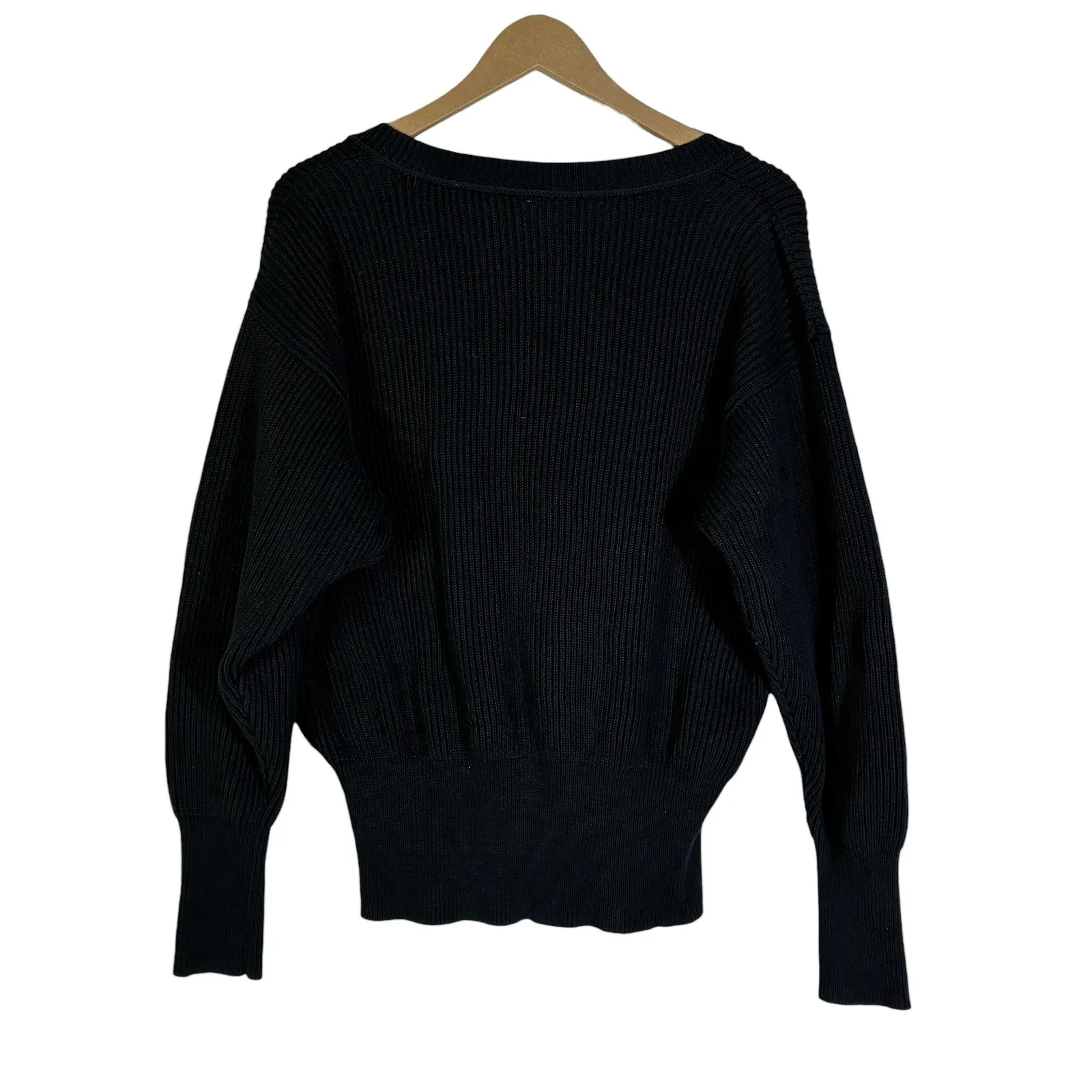 Free People Cotton Ribbed Sweater Womens XS Black V-Neck Oversized Indie Cozy - Image 4