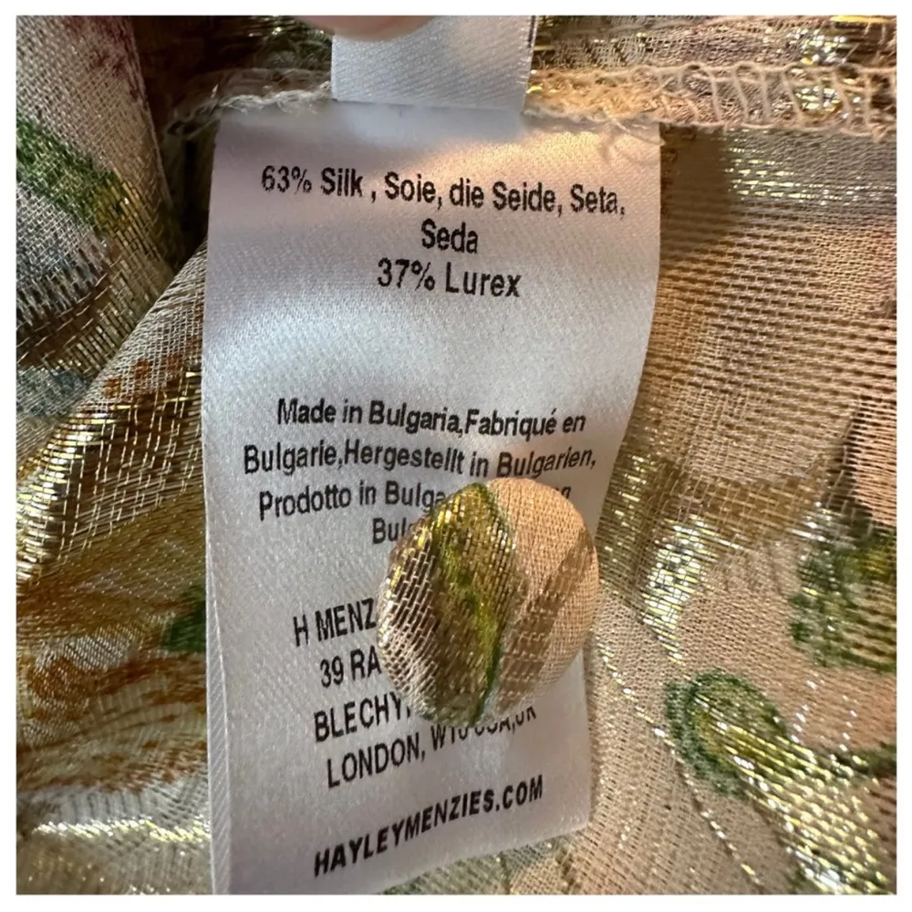 Hayley Menzies Bonita Shimmering Metallic Gold Floral Crop Blouse Button Down M - Image 7