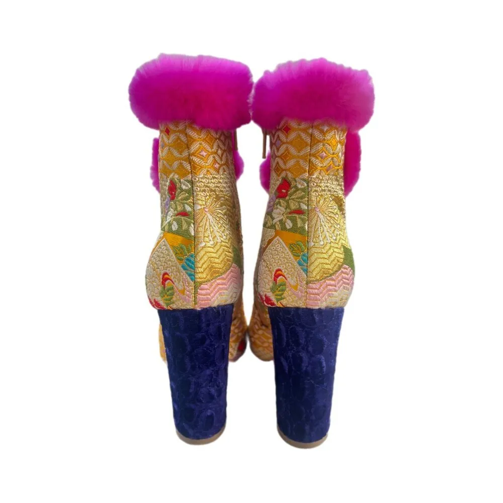 Christian Louboutin May Wong 100 Floral & Rabbit Fur Block Heel Booties - Image 8