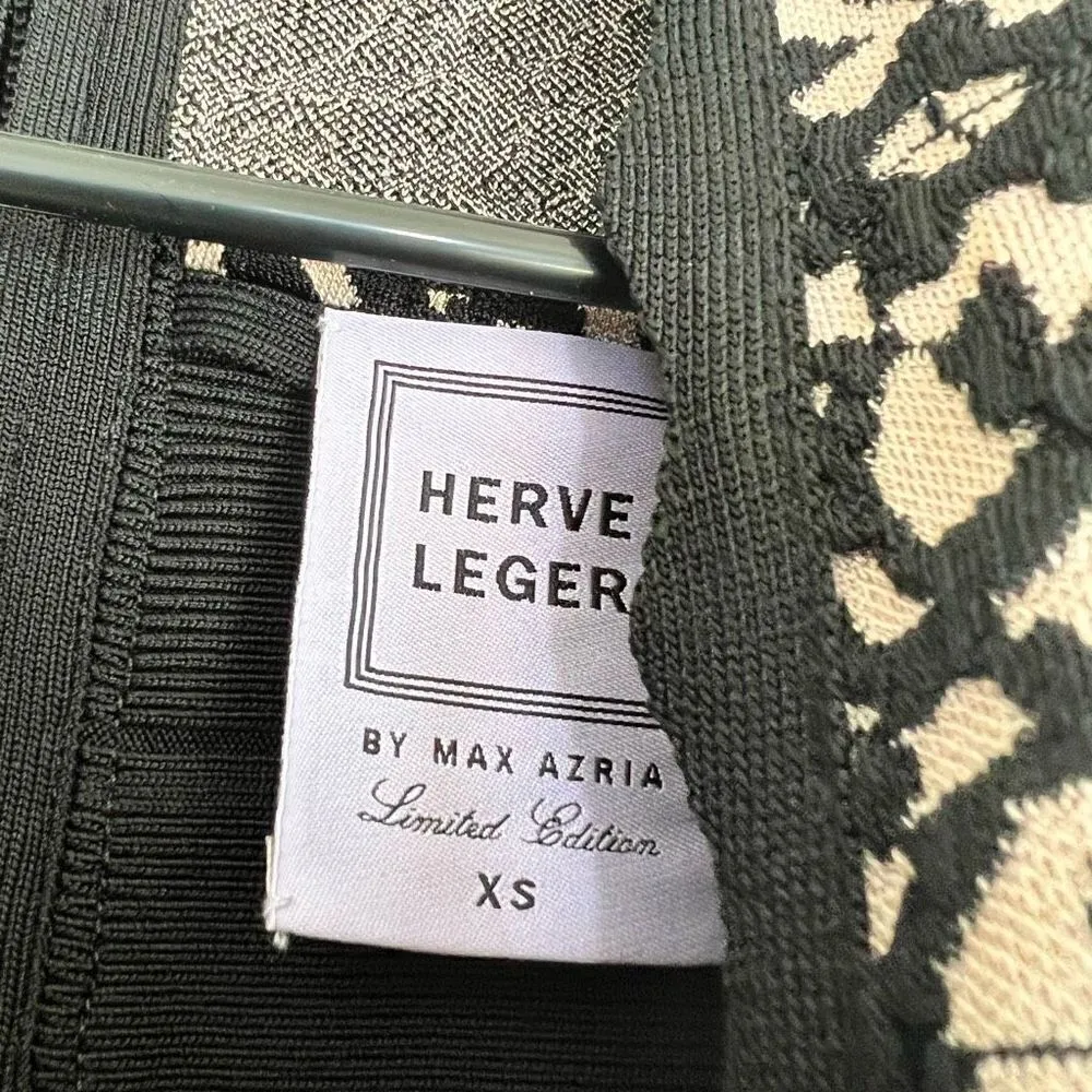 Herve Leger 30th Anniversary Black Bodycon Bandage Dress Tan V Neck Floral XS - Image 9