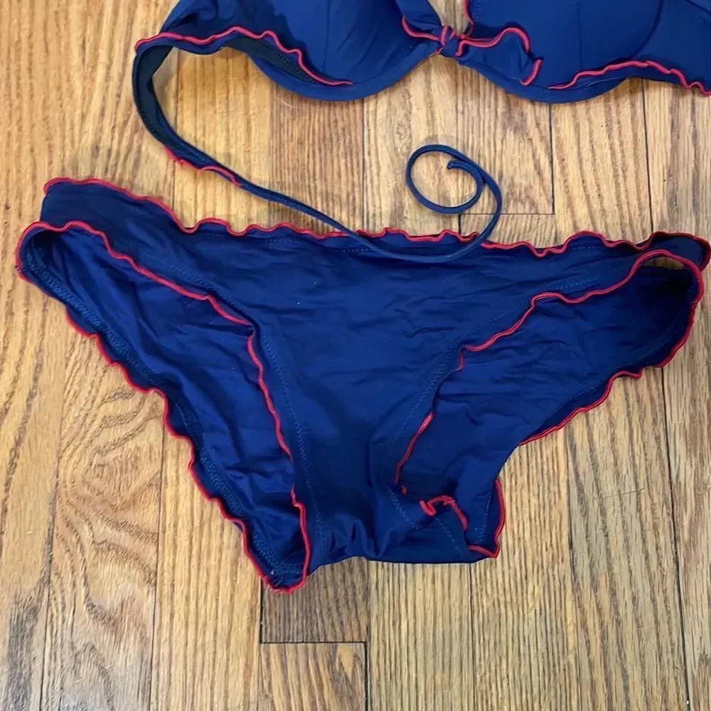 Lands End Bikini Swimsuit Blue‎ Red Ruffle size Small - Image 4