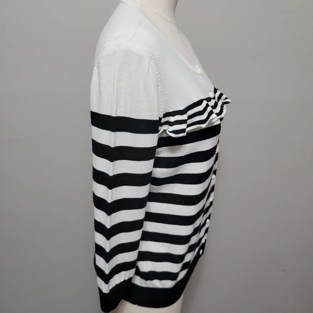 Talbots black and ivory stripe ruffled cardigan size mp - Image 5