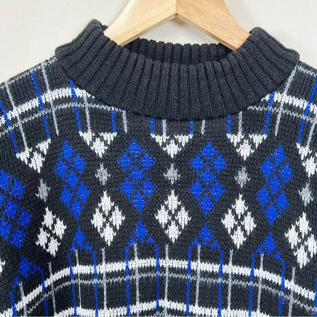 Vintage Argyle Plaid Knit Sweater Pullover Unisex Retro 90s S Blue - Image 4