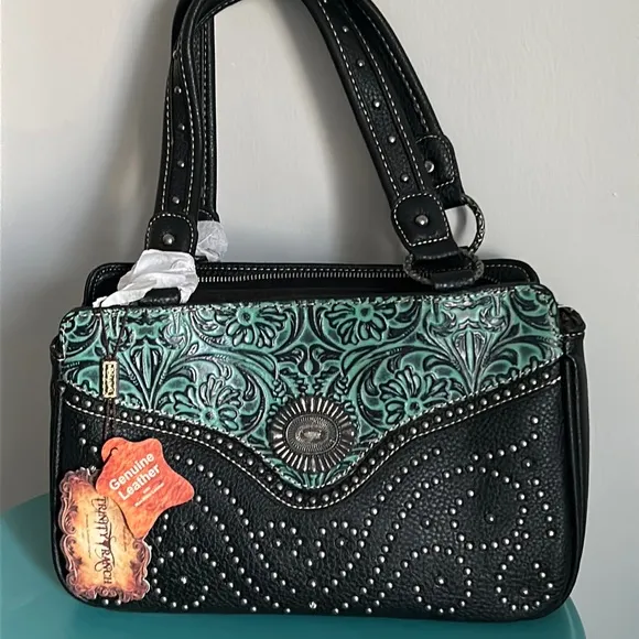 New Trinity Ranch by Montana West Tooled Pebbled Leather Studded Shoulder Bag - Image 1