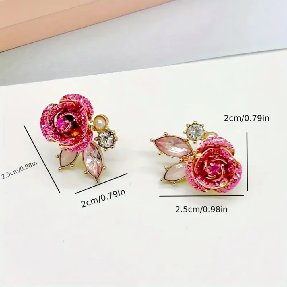 Pink Rose Crystal Stud Earrings Floral Rhinestone Statement NWT - Image 4
