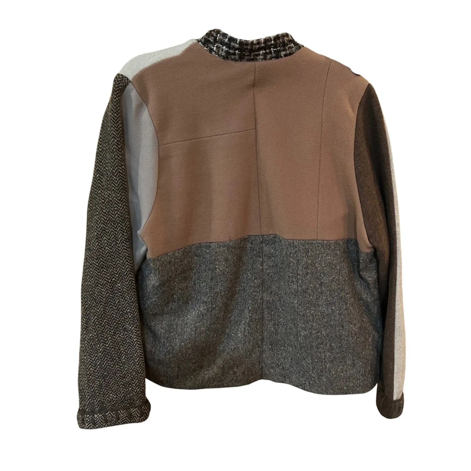 baabaazuzu luxury designer Patchwork Wool Blend Jacket Button‎ Front Neutral Tan Size L - Image 15