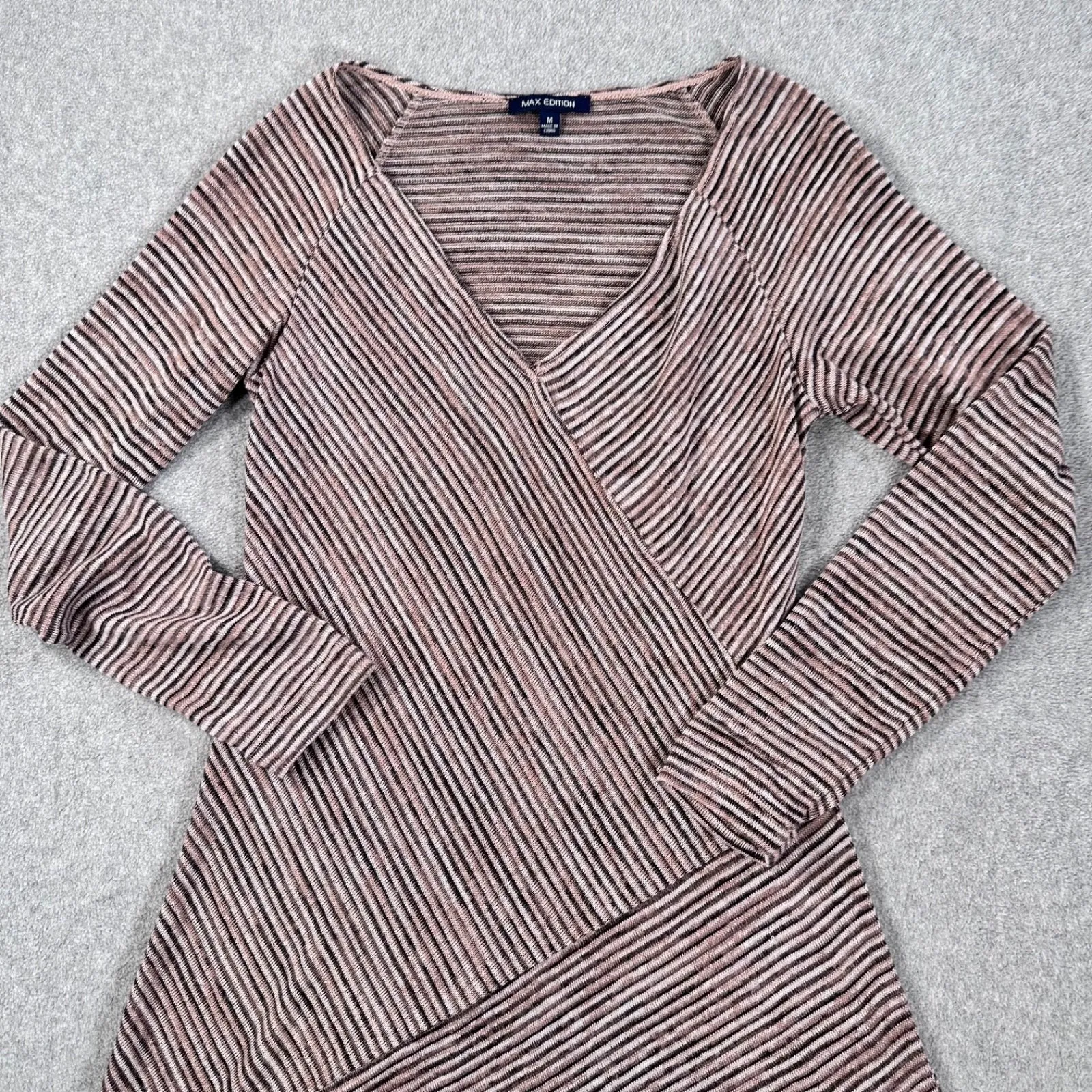 Max Edition Y2k Knit Mini Dress Tunic Size Medium Brown V-Neck Long Sleeve Sheer - Image 2