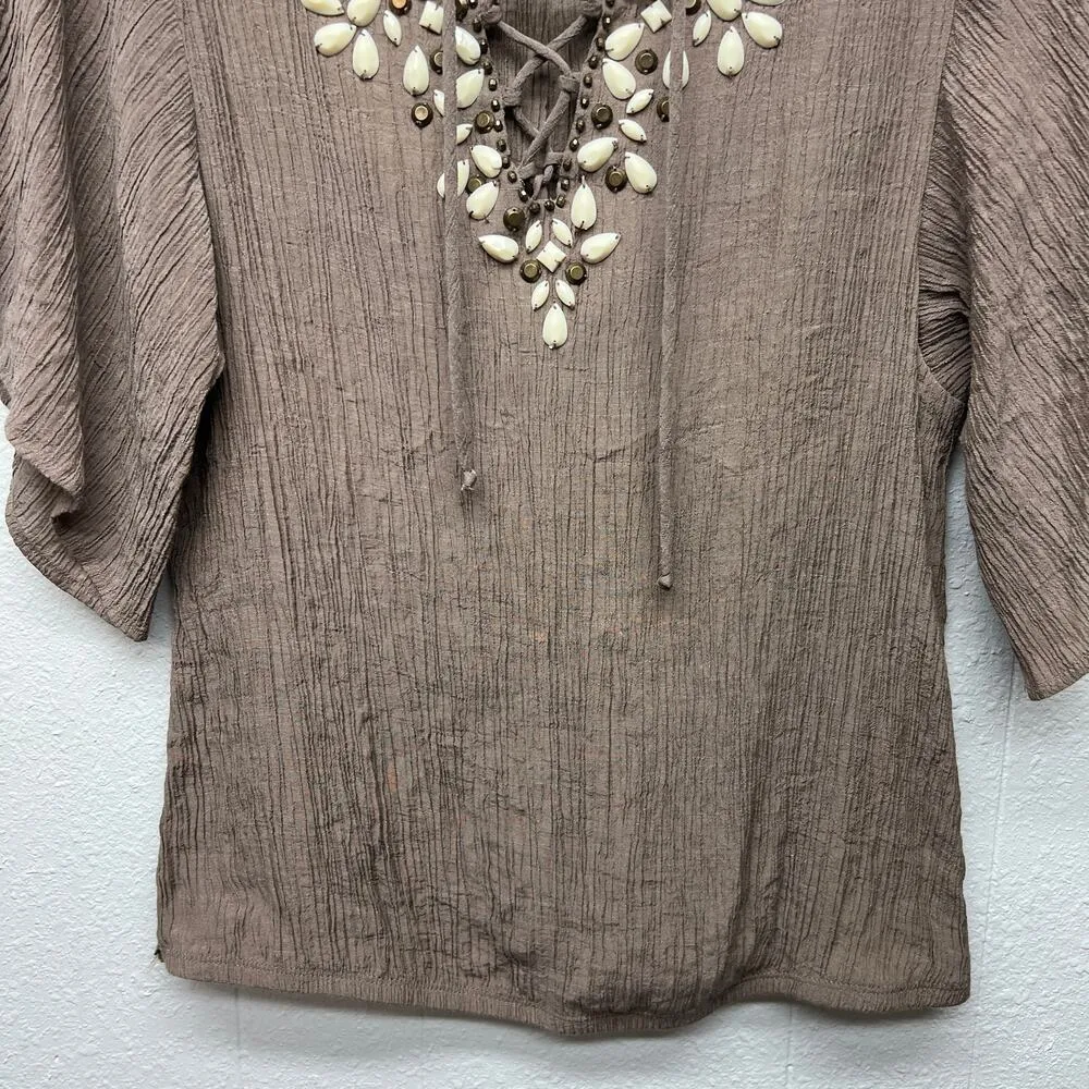 Ivy Ridge Y2K Vintage Gauzy Beaded Top Womens Large Bohemian Ethereal Coastal Brown - Image 4