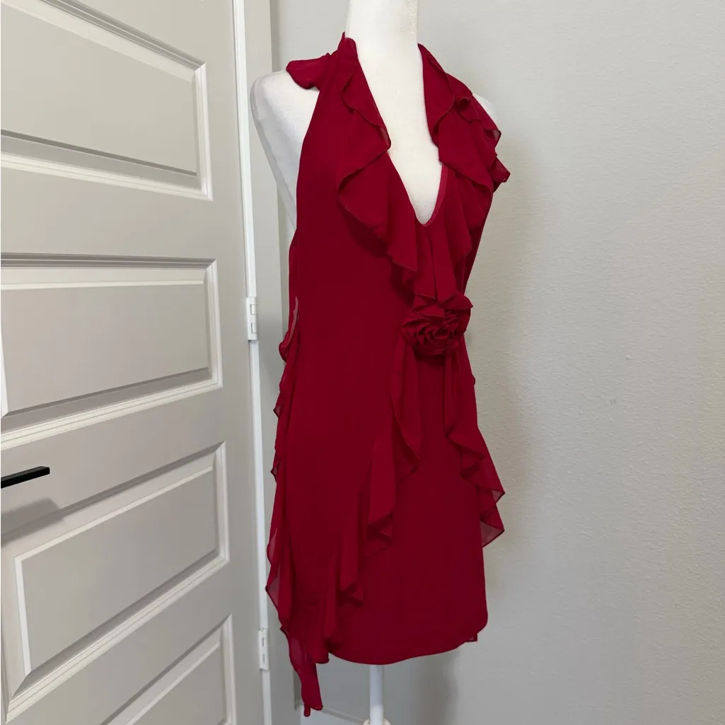 Halter Red Ruffle Mini Dress Sz Lg - Image 5