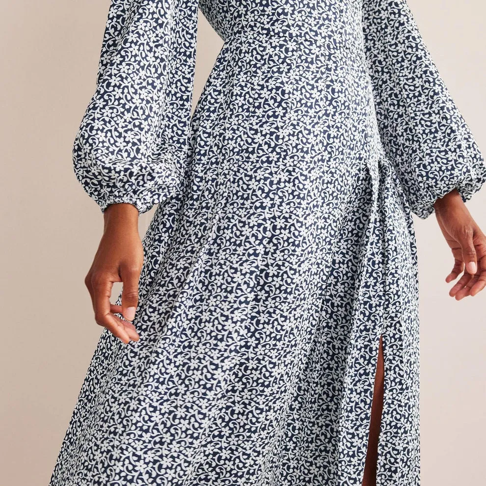 Boden Pleated Skirt Midi Shirt Dress Navy White Floral Long Sleeve Size 4 US Blue - Image 9