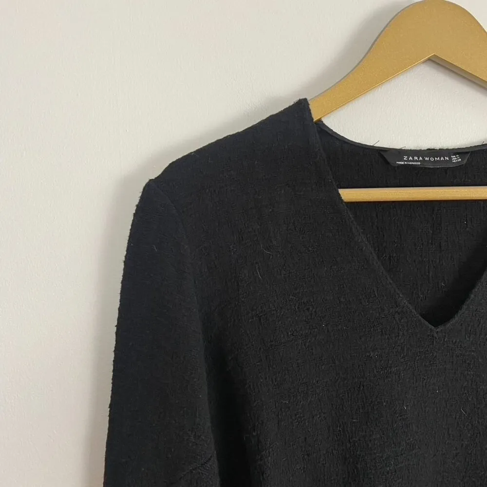 Zara Woman Black Distressed Fringe Bell Sleeve Sweater - Image 3